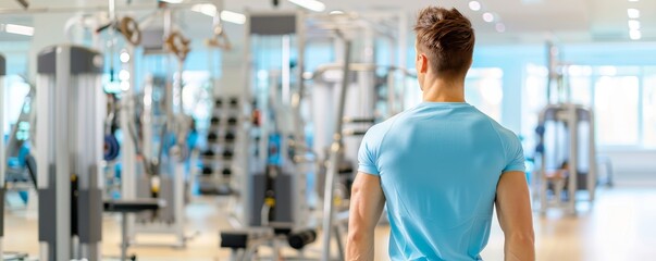 Man in Blue Shirt Standing Back to the Camera in a Gym