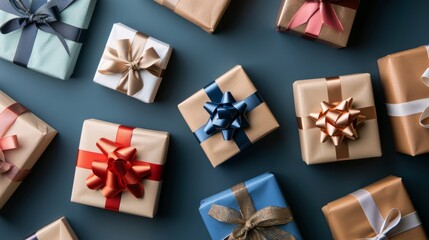 Colorful gift boxes with ribbons on blue background