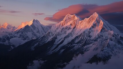 Obraz premium A panoramic image of a mountain peak surrounded by wispy white clouds against a warm, blush-colored sky