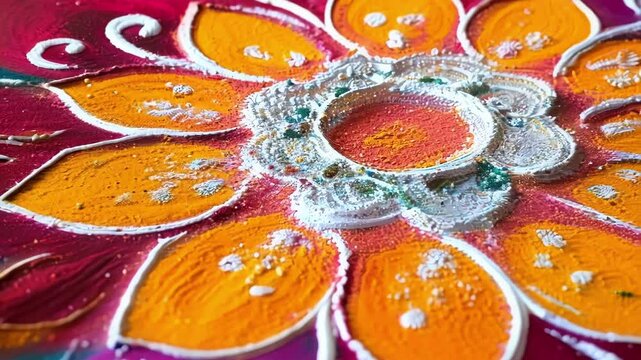 Creating a colorful rangoli with colored powder on the floor to celebrate the diwali festival, a hindu celebration in india