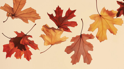 Obraz premium autumn leaves, like maple and oak, in various shades of orange, red, and yellow against an isolated ecru background
