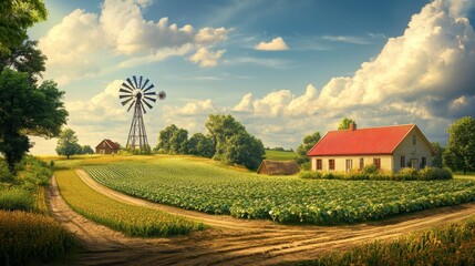 A charming farm scene with a quaint windmill turning in the breeze, surrounded by fields of crops and a traditional farmhouse.