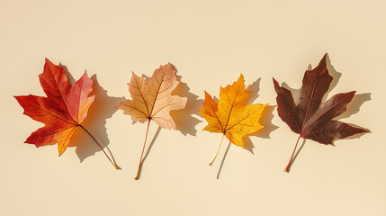 Fototapeta premium autumn leaves, like maple and oak, in various shades of orange, red, and yellow against an isolated ecru background