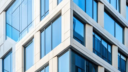 Fototapeta premium A close-up of a building's facade with geometric patterns and textures, showcasing contemporary design and architectural innovation.