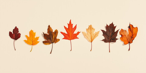 autumn leaves, like maple and oak, in various shades of orange, red, and yellow against an isolated soft beige background