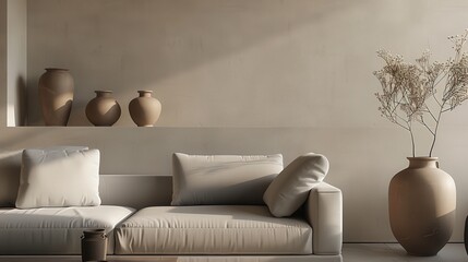 Elegant Living Room with Grey Sofa and Beige Commode 