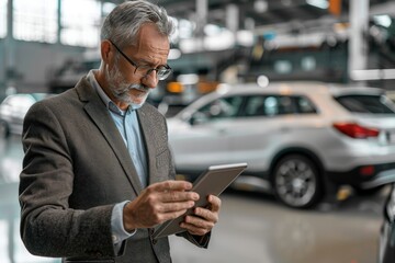 Fototapeta premium A man in a suit is holding a tablet in a car dealership, generative ai image