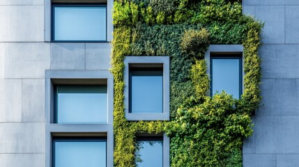 A close-up of a modern building's facade with vertical garden installations, blending nature with contemporary architecture.