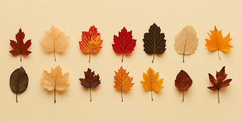 Fototapeta premium autumn leaves, like maple and oak, in various shades of orange, red, and yellow against an isolated soft beige background