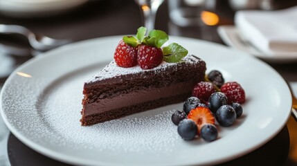 A close-up of an elegant dessert plate with a beautifully plated slice of chocolate cake, garnished with fresh berries and a dusting of powdered sugar.