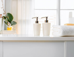 Fototapeta premium Bathroom Essentials: Soap Dispenser, Toothbrushes, and White Towel
