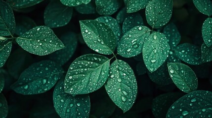 Obraz premium A close-up of forest foliage with dew drops on leaves, showcasing the intricate details and freshness of the woodland environment.