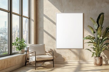 Poster Frame in Beige minimalist living room interior created with generative AI