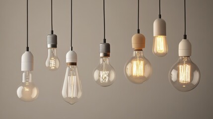 A creative arrangement of light bulbs with different wattages and types, including energy-efficient options, against a neutral backdrop.