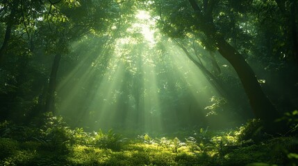A dramatic forest scene with sunbeams piercing through the dense canopy, casting rays of light and creating a magical atmosphere.