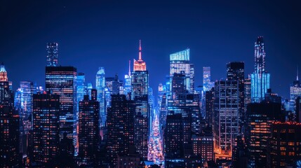 Fototapeta premium A dramatic night view of a city skyline with brightly lit skyscrapers, showcasing a mix of modern and historic architecture.