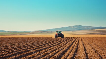 Fototapeta premium A farmer driving a tractor through a plowed field, with freshly turned soil and a clear blue sky above, ready for the next planting.