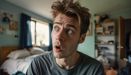 Obraz premium A young man with tousled hair looks thoughtfully out of the window in a cozy bedroom. For lifestyle blogs, mental health articles, and personal reflection themes, capturing a moment of introspection.