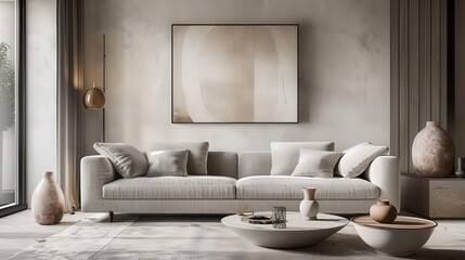 Contemporary Living Room with Grey Sofa and Beige Commode