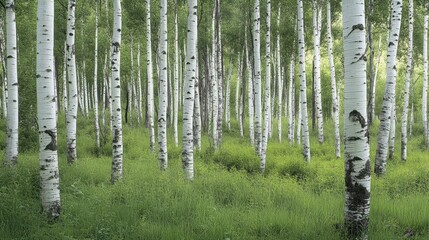 Obraz premium A forest with tall, slender birch trees with white bark, creating a striking visual pattern against the surrounding greenery.