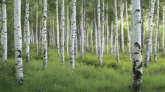 A forest with tall, slender birch trees with white bark, creating a striking visual pattern against the surrounding greenery.