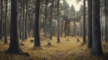 Fototapeta premium A forest with towering pine trees and a carpet of fallen needles, creating a rustic and serene woodland atmosphere.