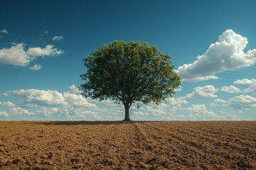 Obraz premium A barren field with a single tree struggling to thrive under a cloudless sky. Concept of land degradation and the loss of arable land.