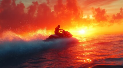 Jet skier speeding through ocean waves during a vibrant orange sunset, creating a splash in the water, enjoying a thrilling water sports adventure, summer fun at sea.