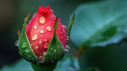   Red flower with water droplets and green leaf in close-up - Powered by Adobe