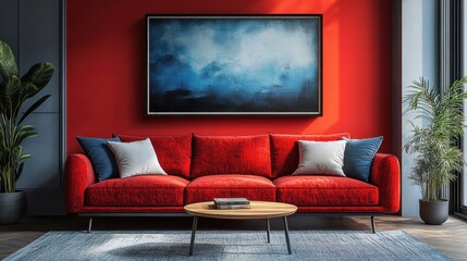 Modern minimalistic living room interior with a vibrant red couch, abstract blue painting on a red wall, and indoor plants. Contemporary furniture and decor in a stylish home setting.