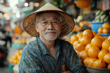 An elderly man wearing traditional attire in a bustling market, showcasing the cultural heritage of...