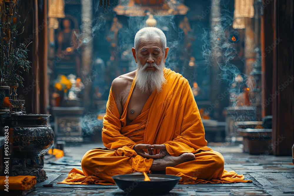 Canvas Prints an elderly man in a traditional robe meditating in a serene buddhist temple, capturing the essence o