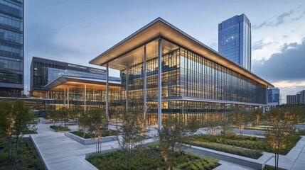 A modern conference center with a large glass atrium, sleek design, and surrounding outdoor spaces, set against a city backdrop.
