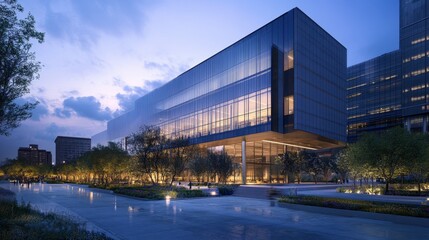 Obraz premium A modern conference center with a large glass atrium, sleek design, and surrounding outdoor spaces, set against a city backdrop.