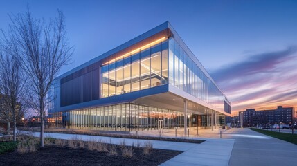 A modern conference center with a large glass atrium, sleek design, and surrounding outdoor spaces, set against a city backdrop.