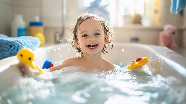 Portrait of happy kid bathing in tub 