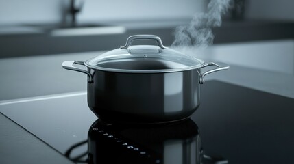 A modern pot with a glass lid on a sleek stovetop, showcasing its polished surface and the contents just beginning to boil.