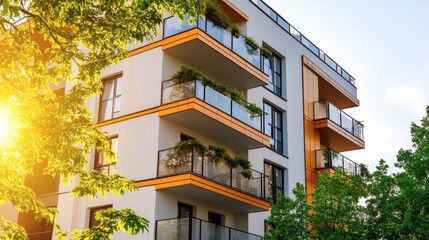 Obraz premium A newly constructed residential apartment building with balconies, surrounded by landscaped greenery and a bright sky.