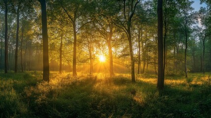 Obraz premium A panoramic view of a forest during the golden hour, with warm sunlight illuminating the trees and creating a magical atmosphere.