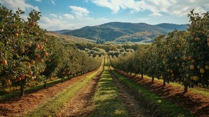 Naklejka premium A panoramic view of a large apple orchard in autumn, with rows of trees laden with ripe fruit and a backdrop of rolling hills.
