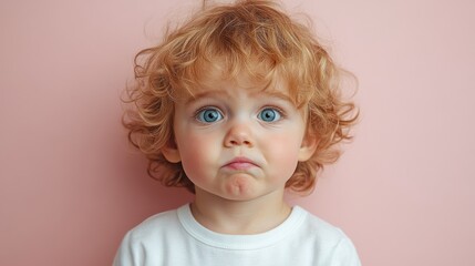 Portrait of an unhappy and dissatisfied toddler with wide blue eyes, looking up with a pouty expression against a soft pink background. Innocent and emotional childhood moment, cute baby face. People