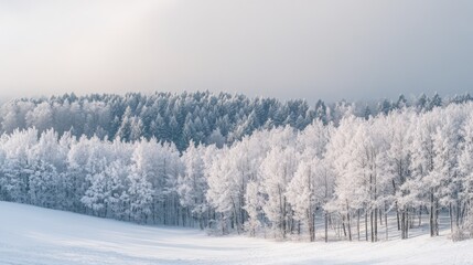 A panoramic view of a snow-covered forest with frosted trees and a blanket of white, creating a serene and wintry landscape.