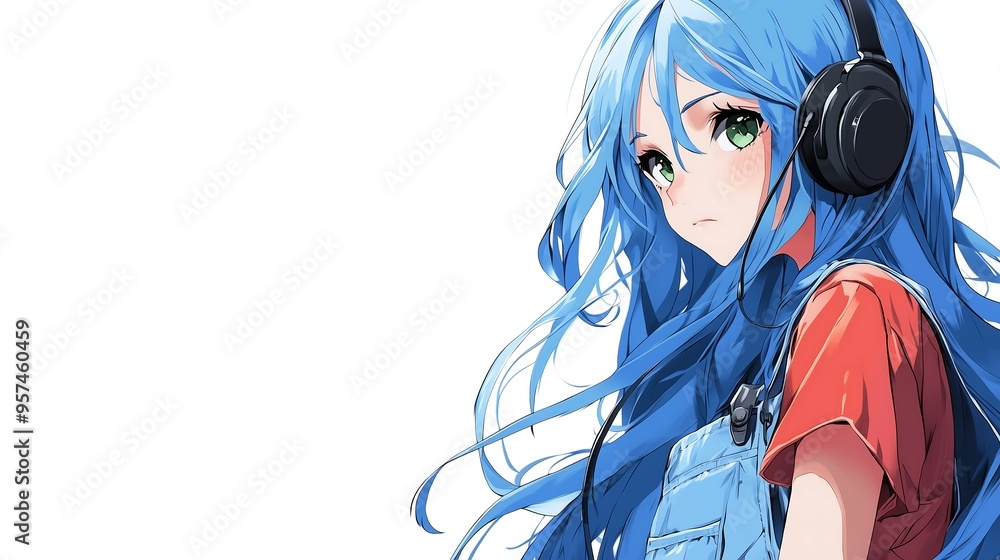 Sticker blue hair anime girl listening music