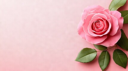   A single pink rose with green leaves on a pink background, with space for text/name