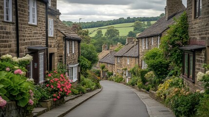 A picturesque village with charming cottages, narrow streets, and historic buildings, set in a scenic countryside landscape.