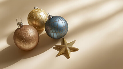 three christmas ornaments, like baubles, stars, and small figurines, against an isolated champagne background