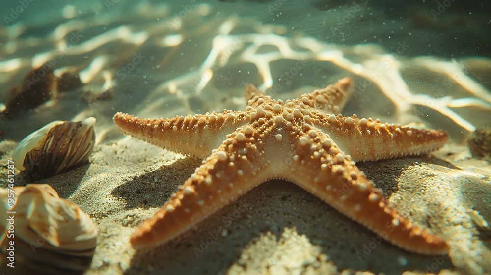 Wall mural  A starfish rests atop a sandy shore beside seashells and a submerged starfish