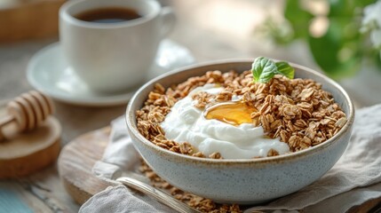 A rustic breakfast scene with a bowl of granola, fresh yogurt, and a drizzle of honey, placed on a wooden table with a cup of coffee.