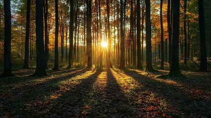 Obraz premium The sun illuminates the forest floor through leafy tree canopies