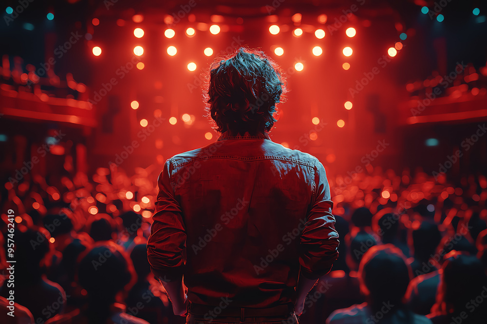 Poster a performer receiving a standing ovation after an exceptional show, basking in the appreciation of t